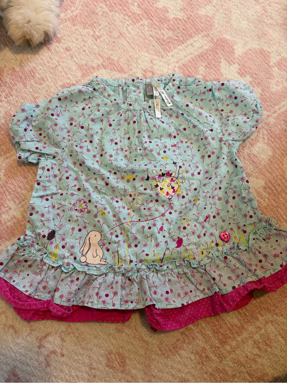 Mint Floral Bunny Appliqué Top for Kids - Pink Trim
